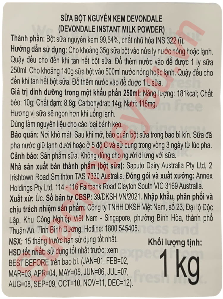 Sữa bột nguyên kem Úc Devondale bịch 1kg