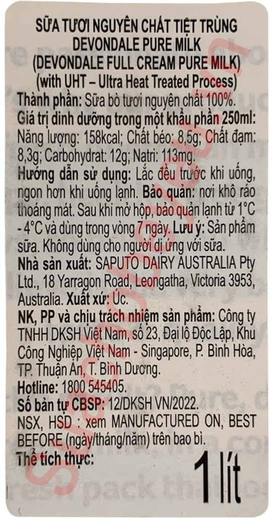 Sữa tươi nguyên kem Devondale Úc hộp 1 Lít