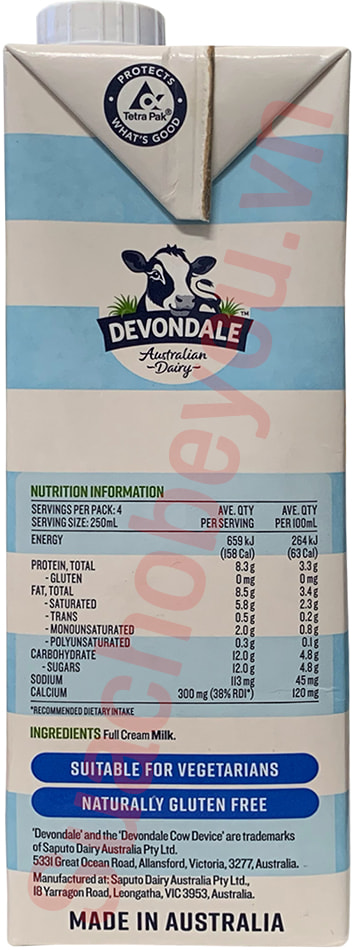 Sữa tươi nguyên kem Devondale Úc hộp 1 Lít