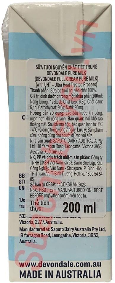 Sữa tươi nguyên kem Devondale Úc hộp 200ml
