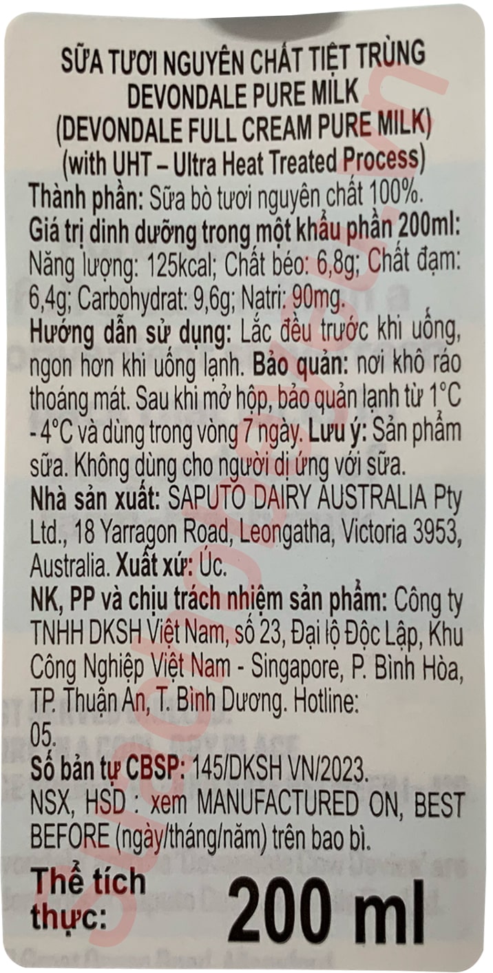 Sữa tươi Nguyên kem Devondale Úc hộp 200ml